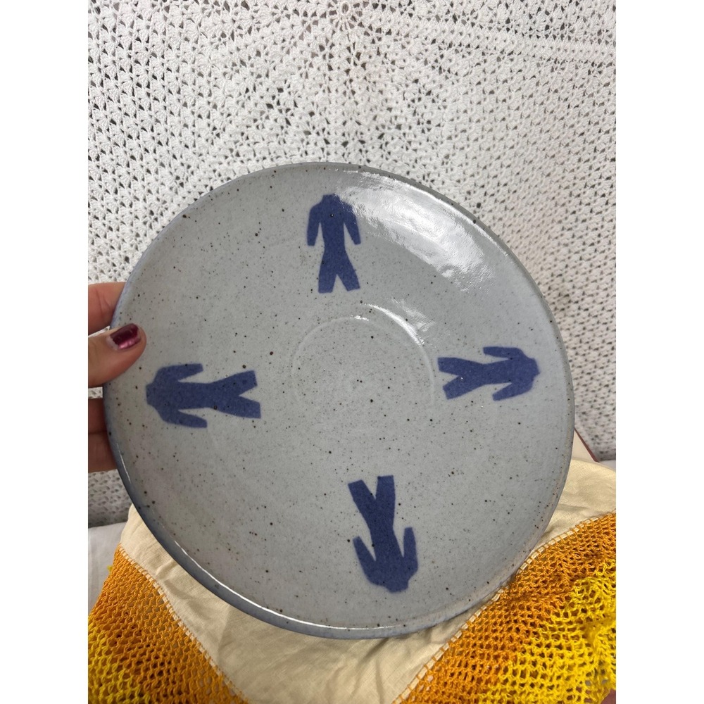 Handmade 1990 Studio Pottery Saucer with Blue Figure Motif – Signed